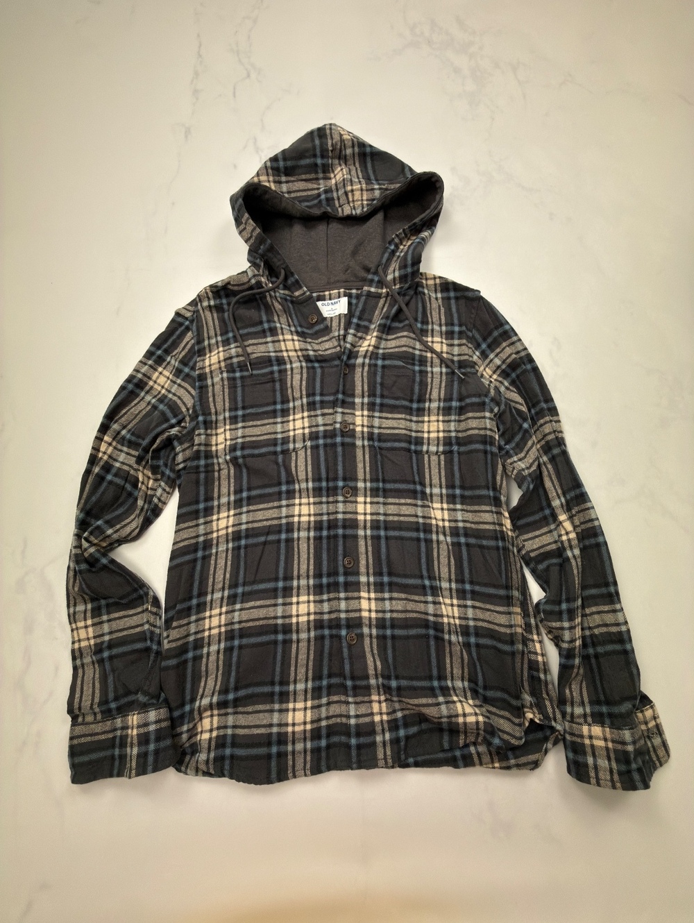 Old Navy Plaid Hoodie Button-Up Shirt Gray Navy 2010s Classic Style - Mens M